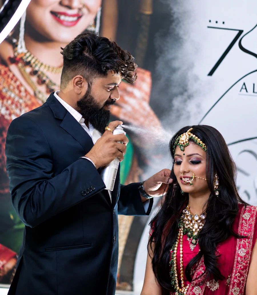 Bhavesh Bidve completing bridal hair and makeup at The 7S Saloon Mall, Loni